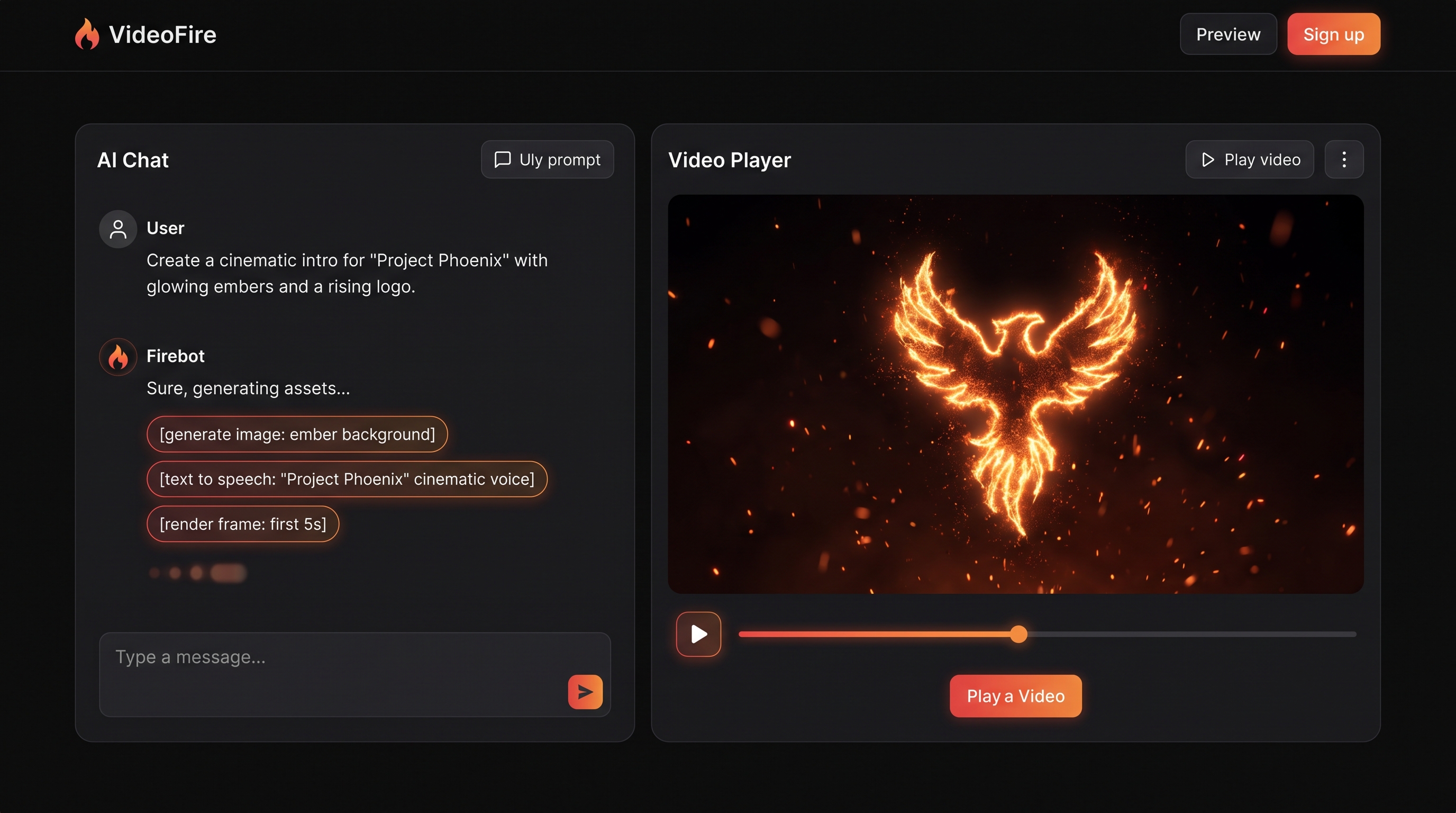 The VideoFire app: chatting with VideoFire on the left while a finished video plays on the right.