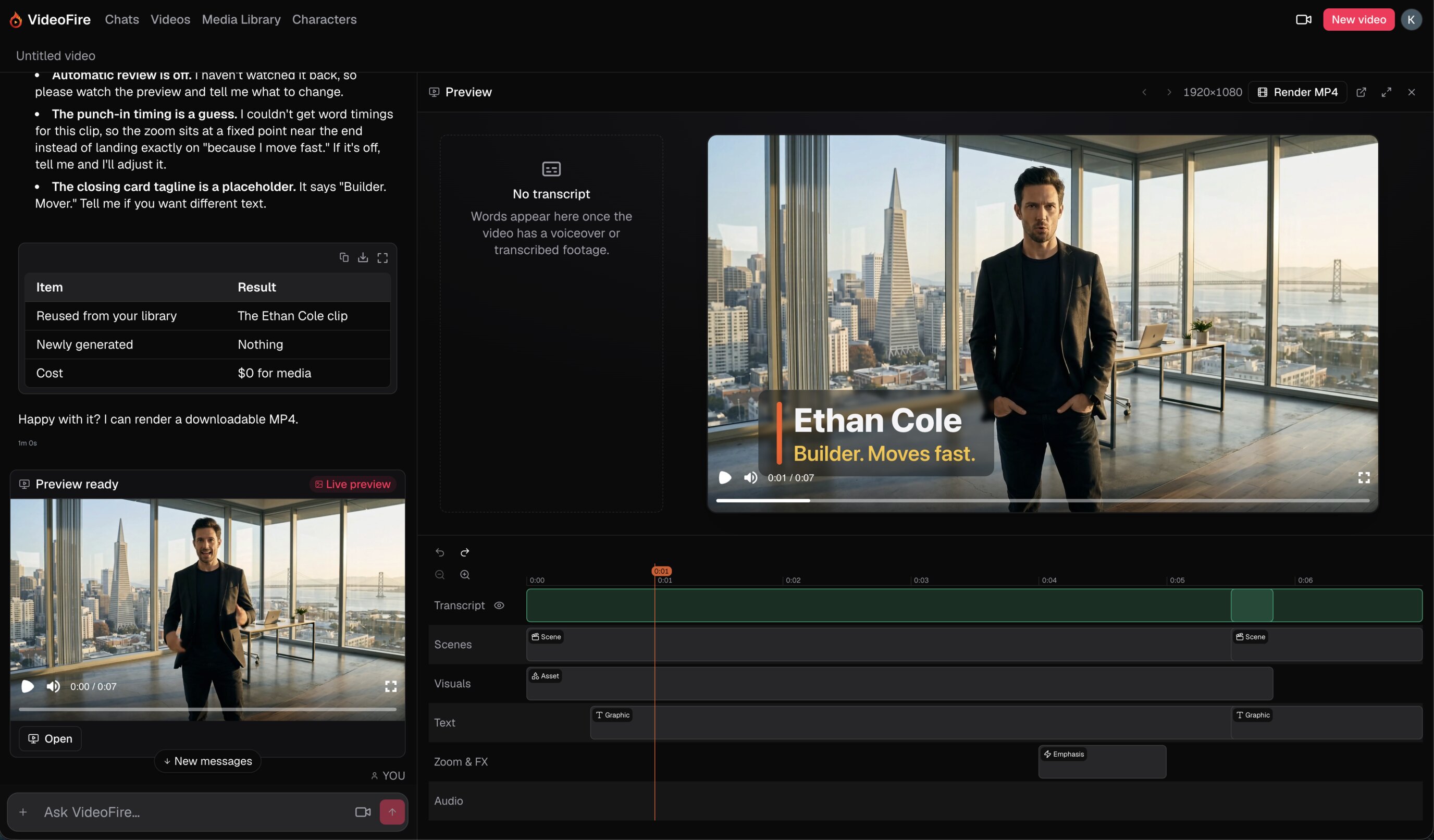 The VideoFire app: chatting with VideoFire on the left while a finished video plays on the right.